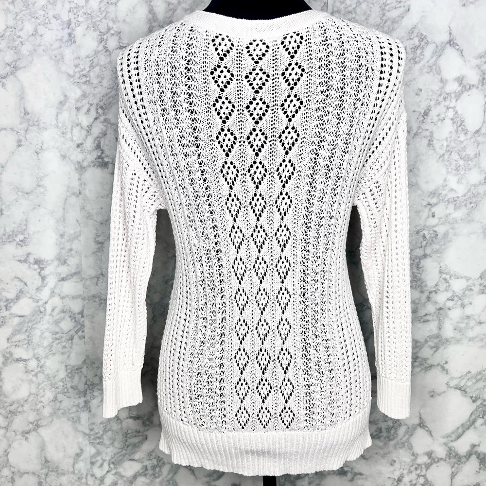 WHBM White LINEN Blend Open Knit Sweater Women’s Small V-Neck - Picture 3 of 10